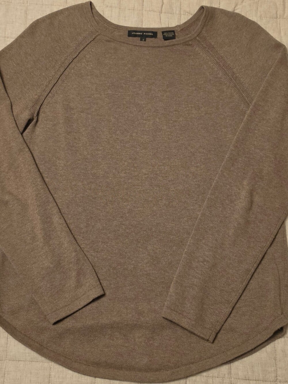 Jeanne Pierre Taupe 100% Cotton Lightweight Knit Crewneck Sweater Size Small Y2K